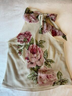 Ralph Lauren Silk Cream Floral Tie-Neck Halter Top with Pink Roses 12 Lux +